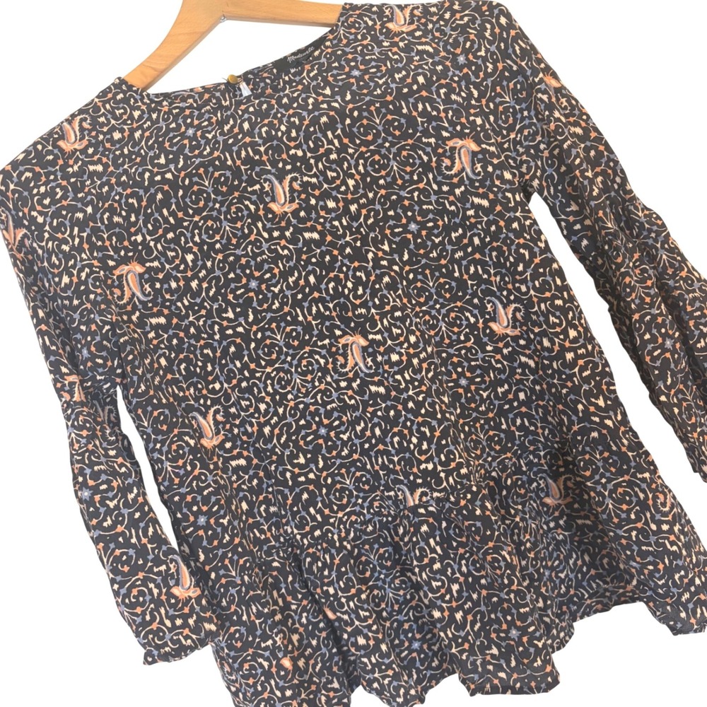 Madewell Womens XS 100% Silk Paisley Peplum‎ Top Bell Sleeve Boho Blouse Fairy